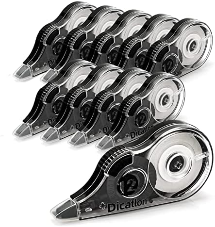 Dicatlon Correction Tape, White Out,39.4 Feet x 0.2 in,10-pack (12 m x 5 mm), safe material, Environmentally Friendly, Easy To Use,Ideal for Students, Children, Office Working Personnel, Black