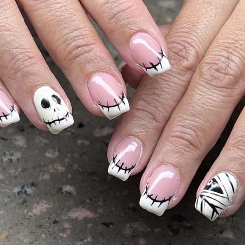 Halloween Press on Nails Stitches French Tip Fake Nails Mummy Wra...