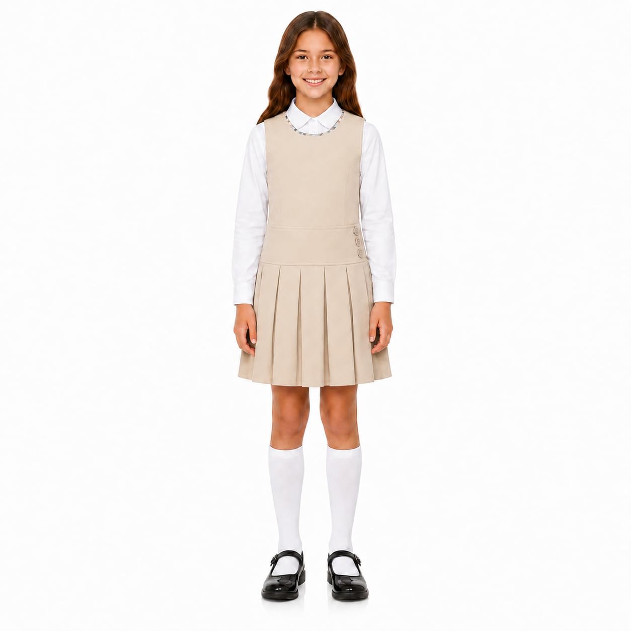 Bienzoe Jersey de uniforme escolar para niñas: vestido elástico plisado duradero para niños hasta la rodilla sin mangas