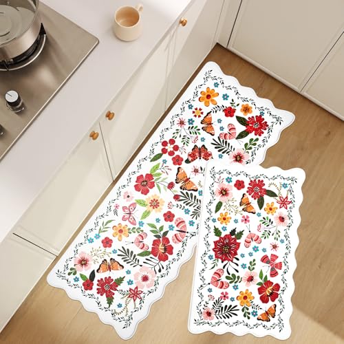 UKISS Kitchen Rugs, 2PCS Waterproof Kitchen Mats, Cushioned Anti Fatigue Kitchen Mat, Non-Slip Boho Comfort Mat for Kitchen, Floor Home, Sink, Laundry,17.3"x28"+17.3"x47", White &Pink (White) - image 1