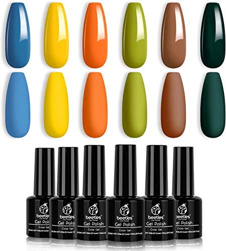 Beetles Vernis Semi Permanent, Lot de Vernis à Ongles Gels 6 Couleurs 7,3ml, Sèche sous Lampe UV/LED, Kit de DIY Manucure Printemps Été Vert Jaune Bleu Orange Brun Cadeau Maman Fete Des Meres