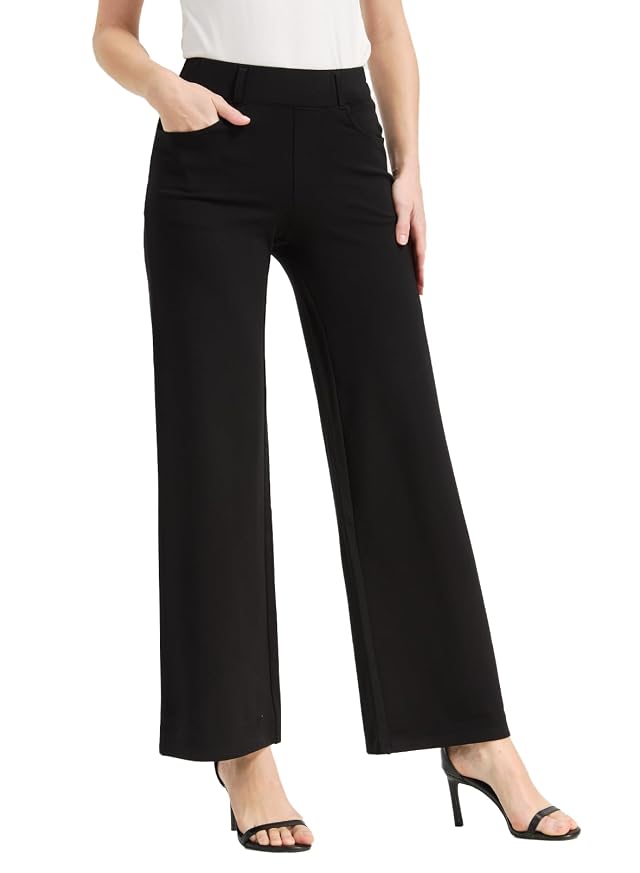 KYAL Womens Plaid Dress Pants Wide Leg High Waisted Pull-On Trousers Stretchy Business Casual Work Slacks with Pockets