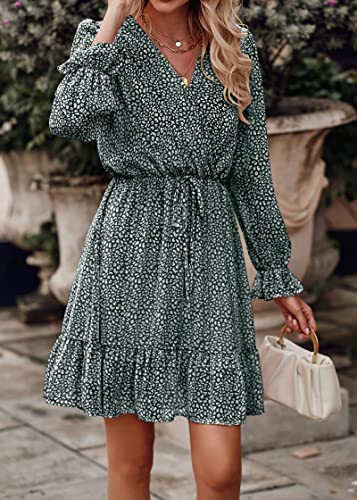 Image of KIRUNDO Women Casual Summer Fall Dresses Long Sleeve Floral Wrap V Neck High Waist Ruffle Tiered A Line Flowy Mini Dress(Dark Green, Large)