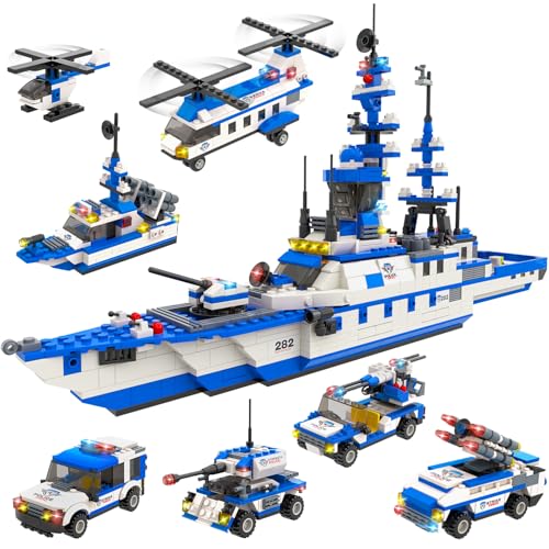 WishaLife 1169 Pieces City Police Station Building Kit, 6 in 1 Military Battleship Building Toy, with Police Cars, Boat, Airplane, Best STEM Construction Toy Gift for Boys and Girls 6-12