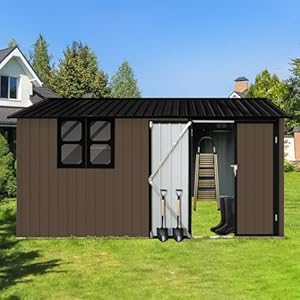   10x12-FT-Outdoor-Storage-Shed-Large-Metal-Garden-Shed-with-4-pane-Window-Outside-Tool-Shed-with-Lockable-Hinged-Door-4-Air-Vents-Waterproof-Storage-Building-for-Backyard-Patio-Lawn-BrownBlack
