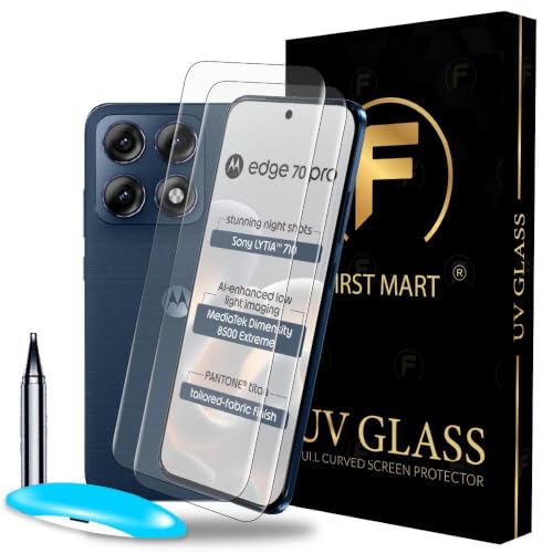 Image of FIRST MART UV Tempered Glass for Motorola Edge 70 Pro - Pack of 2, 9H Full-Glue Curved Screen Protectors, HD Clear, Fingerprint Compatible, Installation Kits | Crystal Clear