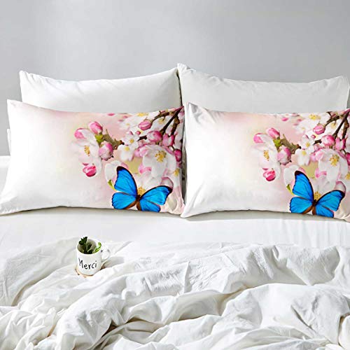 Loussiesd Butterfly Bedding Set,Peach Blossom Natural Scenery Picture Decorative 2 Pieces:1 Duvet cover Set Single & 1 Pillow case,With Zipper Ties,Girly Pink Blue - Image 2