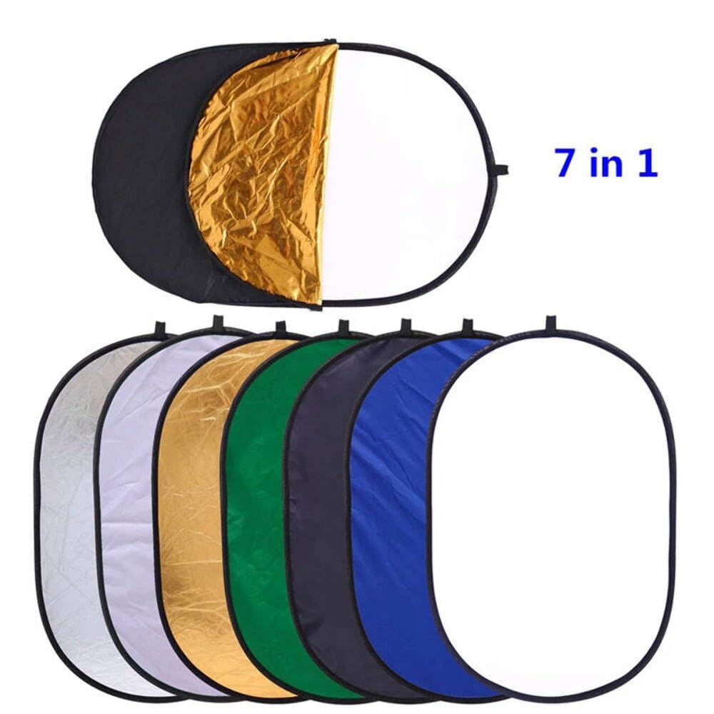 Reflex Camera Réflecteur de photographie 7 en 1 rond 60 cm - Translucide/argent/or/blanc/noir/bleu/vert - Kit de fond avec étui de transport (90 x 120 cm)
