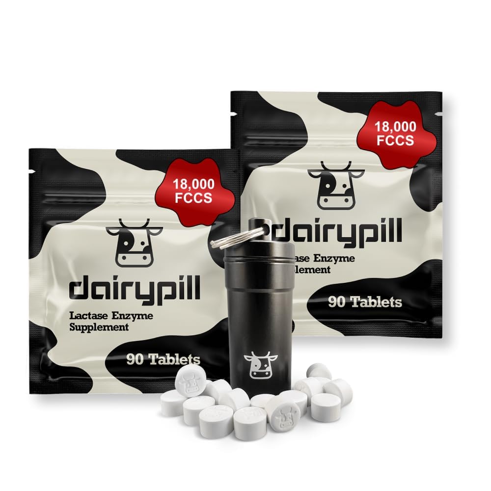 DairyPill Lactase Enzyme 18,000 FCCs per Pill, 180 Count, Solution for Lactose Intolerance, Portable, Easy to Swallow, Preservative and Gluten Free, American Made, Non GMO