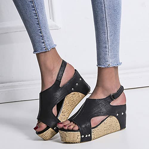 Womenyiaor Wedge Sandals For Women Dressy Summer, Womens Espadrilles Wedges Buckle Ankle Strap Open Toe Sandals Platform Sandals For Women Casual Wedge Heels Sandals Ladies Sandals (A-Black, 8.5) #TOP4