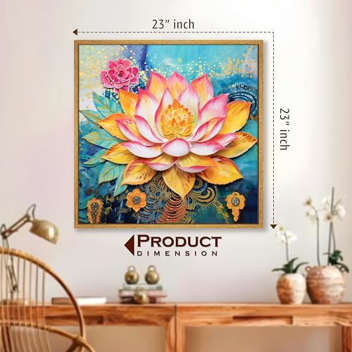 Image of PAINTINGMANTRA Multicolor Abstract Stretched Canvas Framed Painting Wall Art for Living Room Bedroom Office Cafe - Blue Yellow Pink Lotus Floral Abstract Framed Canvas Wall Decor Painting (58x58 cm)