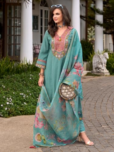 Image of INDO ERA Women's Anarkali Pure Cotton Floral Printed Embroidered Kurta & Pant with Dupatta Set (IEOUT10688)