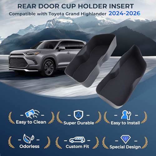 Image of Rear Door Cup Holder Inserts for Toyota Grand Highlander 2026 2025 2024, Interior Accessories 2nd Row Silicone Cup Holders Covers Protector for 2024-2026 Grand Highlander, Black
