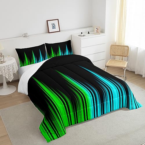 Image of Teel Blue and Green Comforter Set Queen Size, Abstract Ombre Comforter Ombre Striped Comforter for Kids Boys Girls Ombre Duvet Set Breathable Bed Set 3Pcs
