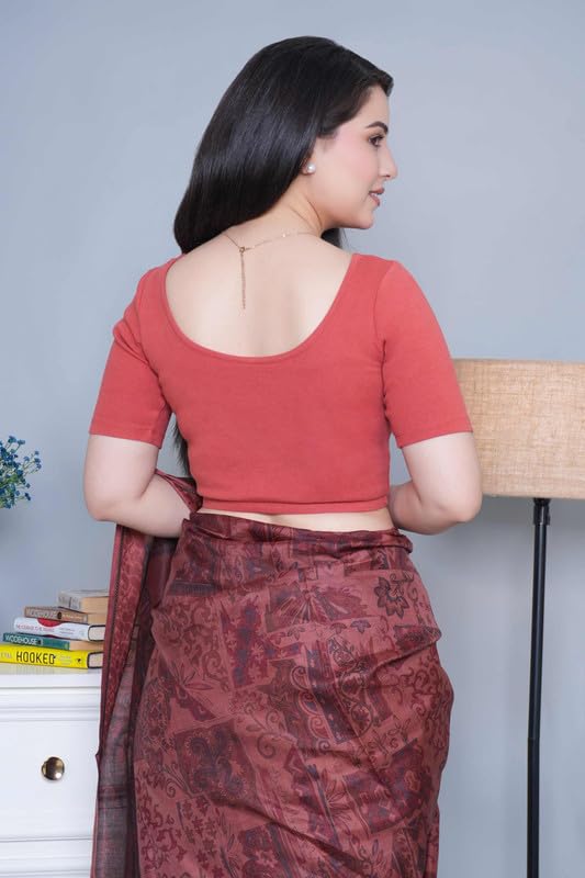 Image of Mlada V-Neck Stretchable Saree Blouse Top for Women | Slim Fit Short Sleeves Solid Cotton Blouses | Readymade Saree Blouses for Women Festive & Ethnic | Blouse Crop Top