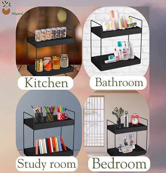 Image of Niyara Iron Metal Heavy Duty Stand 2-Tier multistorage /Multipurpose Standing Rack, Bathroom Countertop Storage Shelf Cosmetic Organizer Holder Kitchen Spice Rack, (Square Black)