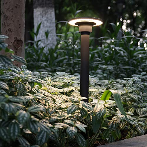 DAWALIGHT Borne lumineuse de jardin alimentée sur secteur avec piquet 8 W 3000 K blanc chaud rond piédestal lampadaire extérieur IP65 étanche pour côtière porche allée pelouse paysage, Plastique, Noir Cover