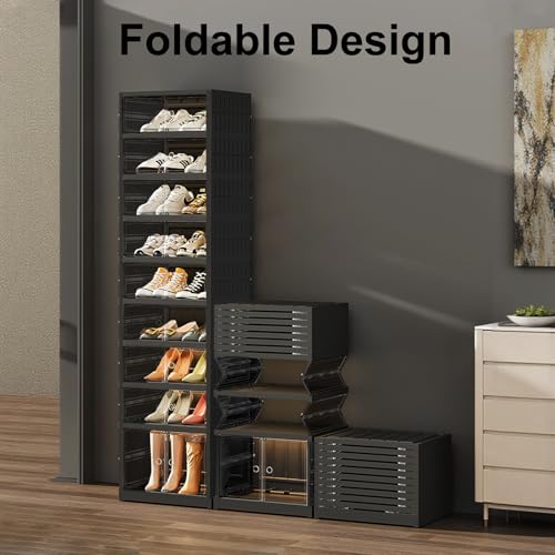 Image of SYNCVIBE Shoe Rack Organizer for Closet Entryway Foldable Sneaker Storage Shoe, Collapsible Shoe Cabinet, Stackable Shoe Storage Cabinet with Lids for Living Room (9 Tiers -18 Pairs Black)