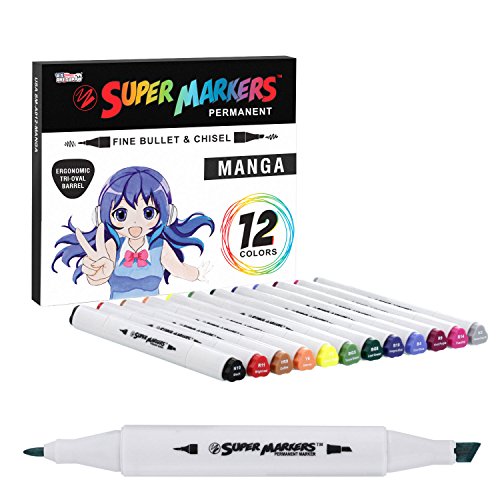 12 Color Super Markers Primary Manga Tones Dual Tip Set - Double-Ended Permanent Art Markers with Fine Bullet and Chisel Point Tips - Ergonomic Tri-Oval Barrels - Illustration, Sketch Comics, Anime