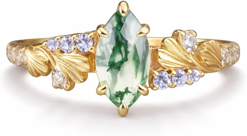 14K Yellow Gold Moss Agate Engagement Ring Leaf Ring with Lavender Accent Stones Vintage Alternative Promise Art Deco Jewelry Gift for Her