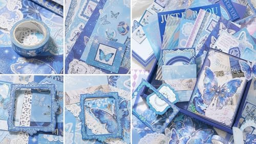 Image of ATIRAMANIYA Vintage Aesthetic Scrapbook Kit(346Pcs) Scrapbooking Supplies Kit with Bullet Junk Journal,Stationery,A6 Grid Notebook Journaling Gift for Girl (Blue -Butterfly)