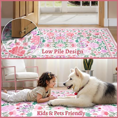 Tapete pequeño Floral Rosa 2x4 para entrada Boho lavable miniatura 5