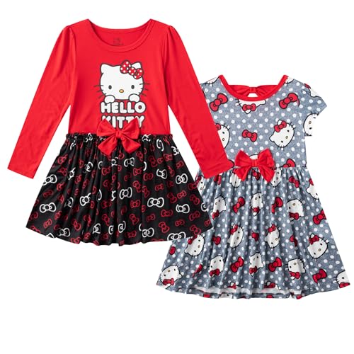 Hello Kitty Sanrio Girls 2 Pack Long Sleeve and Short Sleeve Dresses for Toddlers and Big Kids