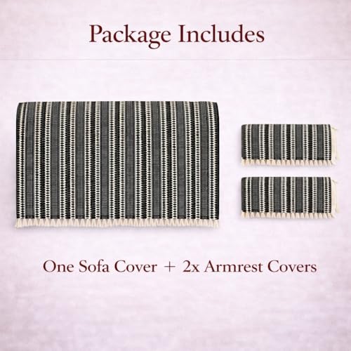 Image of STITCHNEST Woven 2 Seater Sofa Protector with 2 Hand Rest Covers - Black & White Stripe Design - Washable Fabric with Tassels - Stylish Sofa Cover for Modern Living Room & Furniture Decor