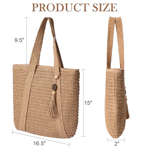 Image of Pleneal Straw Beach Bags for Women - Women Beach Handmade Woven Tote Bag, Summer Mesh Hollow Shoulder Bag for Holiday
