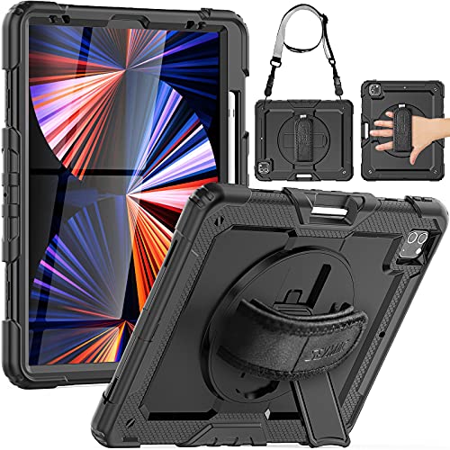 Seymac Case For 2022/2021 Ipad Pro 12.9 Inch 6Th / 5Th Gen - Heavy Duty Protection Shockproof Case With Screen Protector, 360 Rotation Stand/Hand Strap Pencil Holder, Supports Pencil 2 Charging, Black #TOP21
