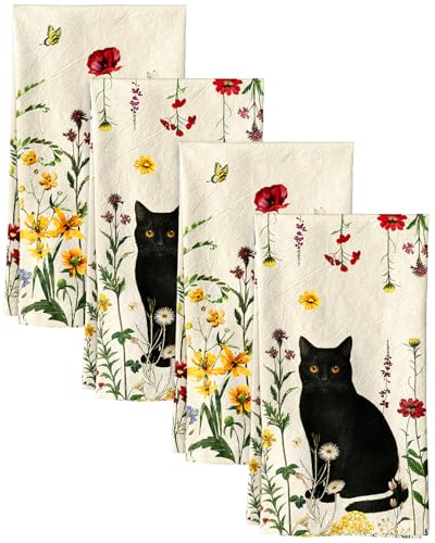 Image of Miss Adola 4PCS Flour Sack Towels - 18 inchx 26 inch Floursack Dish Towels with Hanging Loop Set of 4 Cotton Tea Towel Absorbent Decorative Dishcloth for Drying Home Decor Housewarming Gift, Cat in Flower