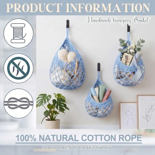 Image of Honeydak 3 Hanging Baskets, Light Blue, Crochet, Cotton Rope