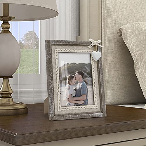 Sapowerntus 5X7 Picture Frames Rustic Wood Farmhouse Cute Heart Love Solid Wooden Family Photo Frame Lace Bow Glass Boho Wall Decor Hanging Tabletop Kids Mom Mother Wedding Gift #TOP6