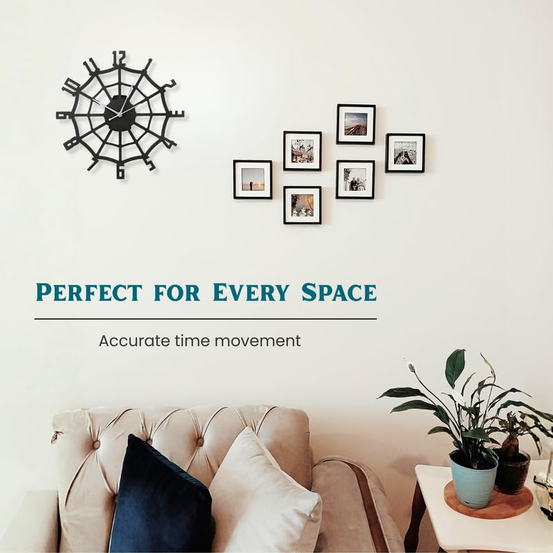 Image of Spider Web Metal Analog Wall Clock for Living Room, Bedroom, Office & Hall | 38 X 38 CM | Stylish Modern Home Decor Wall Clock | Battery Operated | Contemporary Spider Web Design | Black