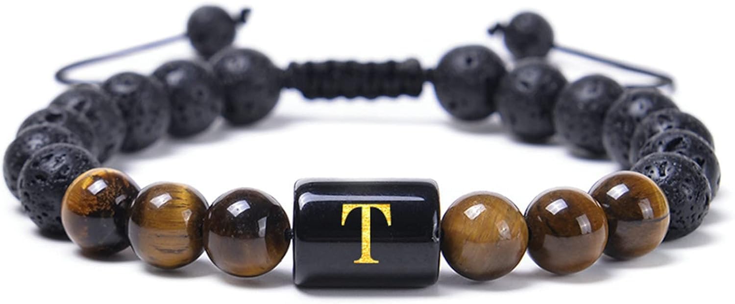 OwKay Pulsera difusora de aceites Esenciales Roca de Lava, Piedra de Lava Pulsera de Piedra de Ojo de Tigre con Letra AZ Pulseras Ajustables para Mujer 29,2 CM