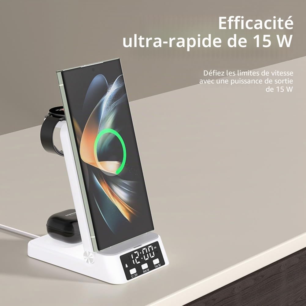 Chargeur sans fil pour Samsung, station de charge sans fil 3 en 1 pour téléphones Samsung, écouteurs et montres avec horloge, pour support de chargeur de téléphone portable Samsung (noir)