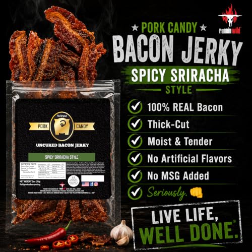 Image of Spicy Sriracha Bacon Jerky - Bold & Fiery Snack Made from 100% Real Uncured Thick-Cut Bacon | Small-Batch, Savory Heat, Tossed in Spicy Sriracha Glaze | 4 ounces total (Pack of 2 bags, 2 ounces each)