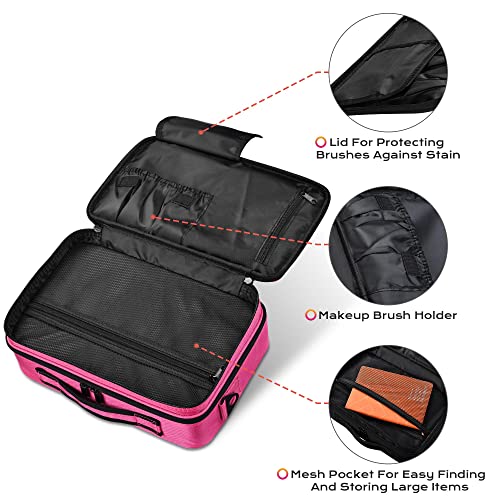 Byootique Travel Makeup Bag Makeup Train Cases 13" Professional Lipstick Cosmetic Organizer Bag Storage Backpack With Shoulder Strap Adjustable Dividers For Makeup Brushes Accessories, Hot Pink #TOP5