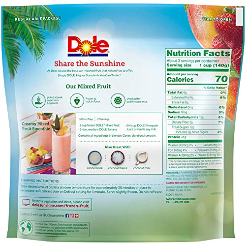 Dole Mixed Fruit, All Natural Mixed Frozen Fruit for Smoothies with Sliced Strawberries, Pineapple Chunks, Mango Chunks and Sliced Peaches, 16 Oz Resealable Bag (Frozen)