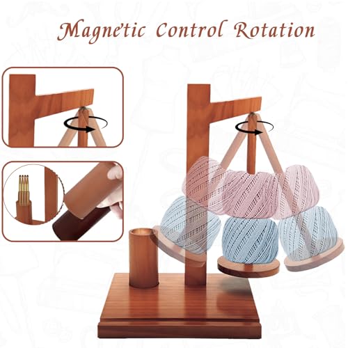 Image of BXTubuw Yarn Holder with Magnetic Rotating & Storage Tray, Wooden Yarn Spinner for Crocheting and Knitting, Crochet Gift for Knitting Lovers Thanksgiving