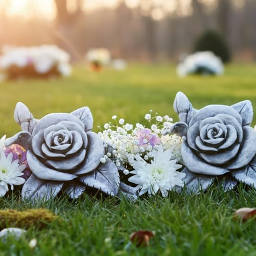 com-four® 2X Grabdekoration Rose - Gedenkstein der Hoffnung und Reinheit - wetterfester Grabschmuck - Blumen-Trauerstein - Gartendekoration in Steinoptik - Erinnerungsstein (2 Stück - Rosenblüte)