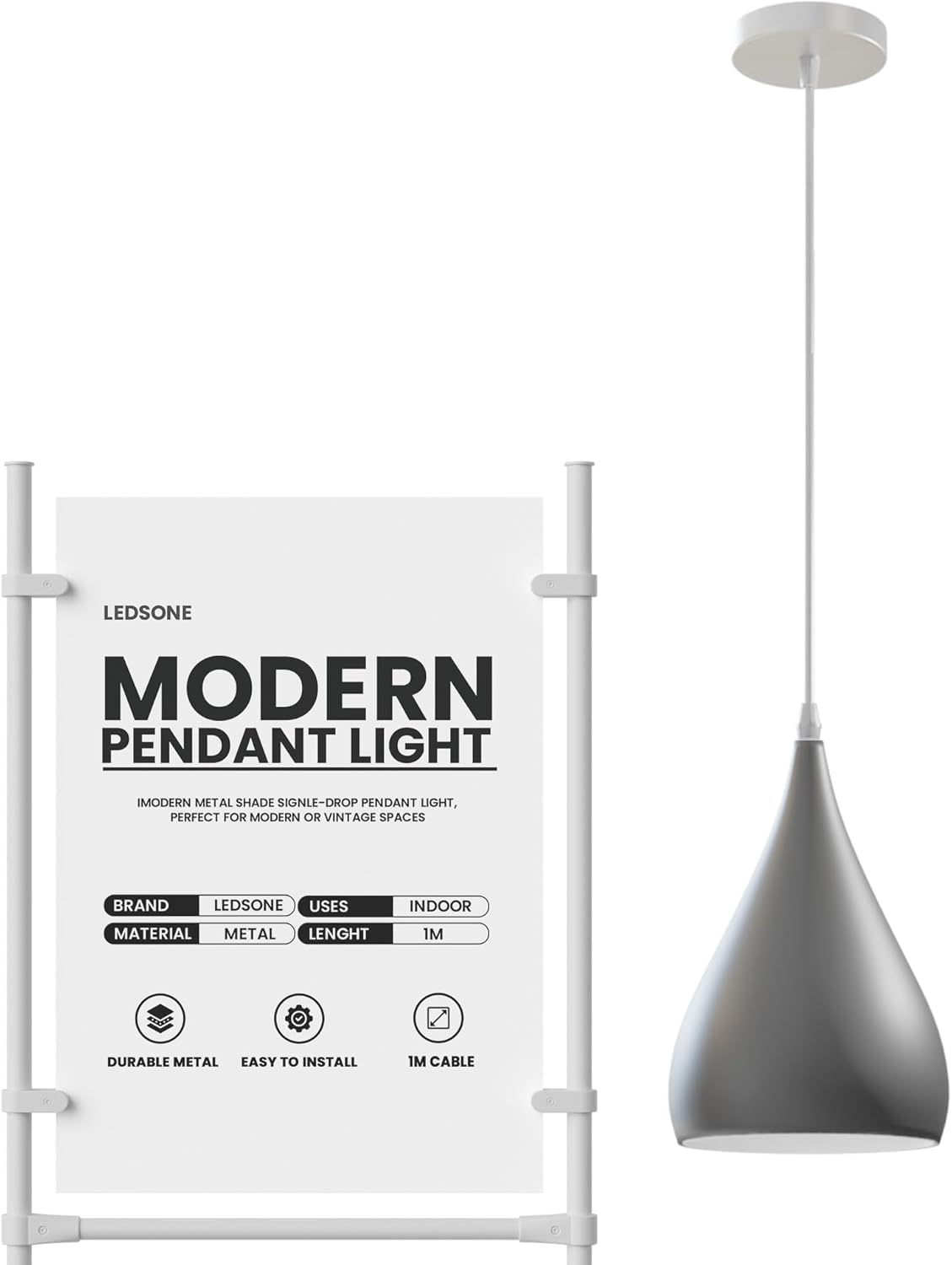 LEDSone Modern Industrial Teardrop Hanging Ceiling Light Red Pendant Lamp, Eyeball Design Modern Light Shades E27 UK Lamp Fixture (Grey) โ image 1