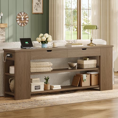 Image of 71.8 Inch Extra Long Console Table with Drawers, Farmhouse Long Console Table with Shelves & Built-in Outlets, Entryway Table with Storage for Living Room, Entryway, Hallway, Brown