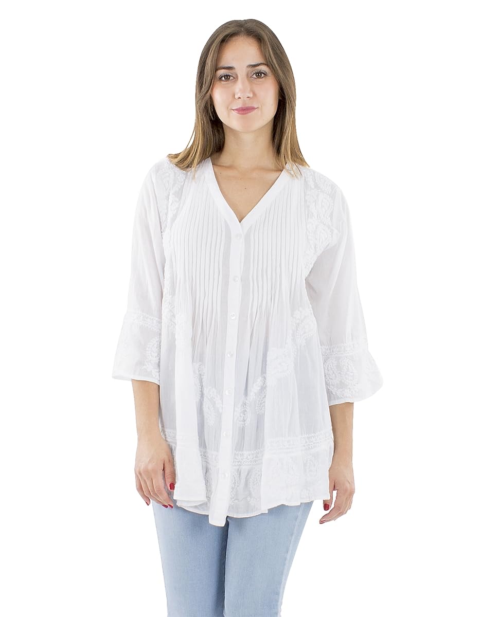 Coline - Blouse Femme Brodée Main Manches 3/4 100% Coton Encolure en V