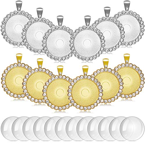12 Pieces Rhinestone Diamond Pendant Trays 25 mm Round Bezel Pendant Trays and 12 Pieces Transparent Glass Cabochons for Photo Pendant Jewelry Craft DIY Making (Gold and Sliver)