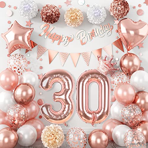 Image of 30th Birthday Decorations for Women, Rose Gold Number 30 Birthday Foil Balloons, 30th Birthday Banner Circle Dot Bunting Garland with Pom Poms for 30 Year Old Birthday Gift Party Decoration Supplies