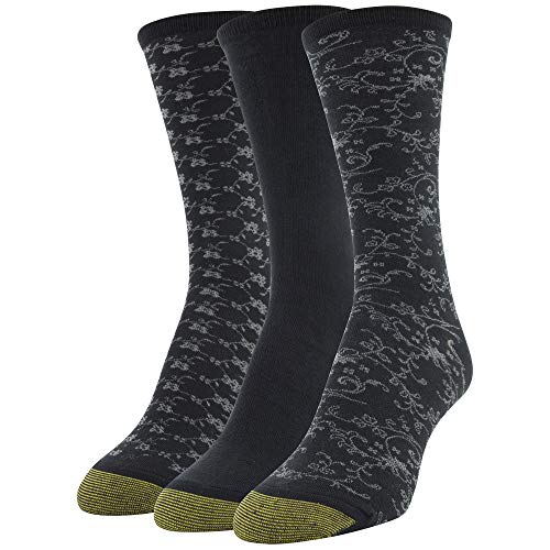 Gold Toe Women's Scrolls Dress Crew Socks, 3 pary, czarny kwiat/czarny vine, rozmiar buta: 6-9