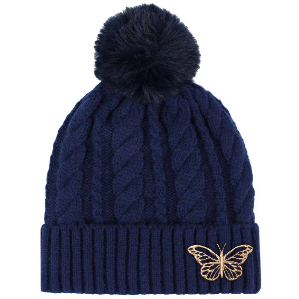 TeddyT's Women's Gold Butterfly Embroidered Luxury Fleece Lined Bobble Hat (Navy Blue)