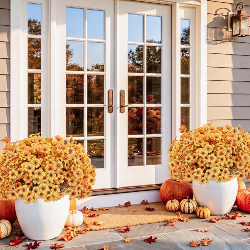 Image of 22 Pack Artificial Fall Flowers Mums for Outdoor Indoor(Fall Yellow)