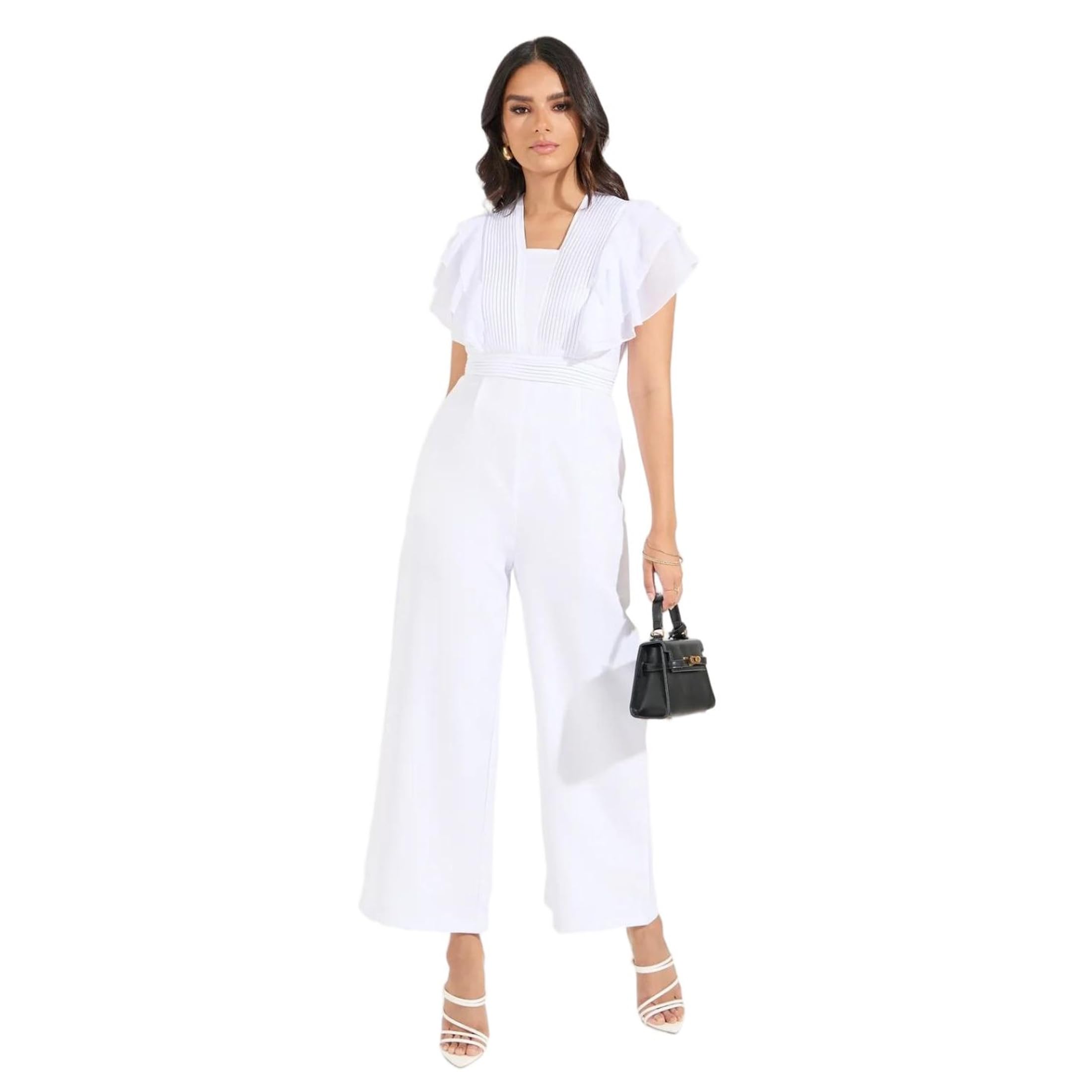 Women White V-Neck Pleated Ruffle Sleeves Wide-Leg Jumpsuit with Zip Closure | Chic, Comfortable Fit, Perfect for Casual and Semi-Formal Occasions, Crafted from Polyester for Durability-image-14